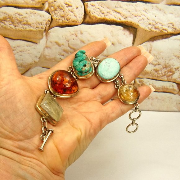 MULTI GEM HEAVY LINK BRACELET WITH TURQUOISE SNAKE, Very rare to find - Picture 5 of 11